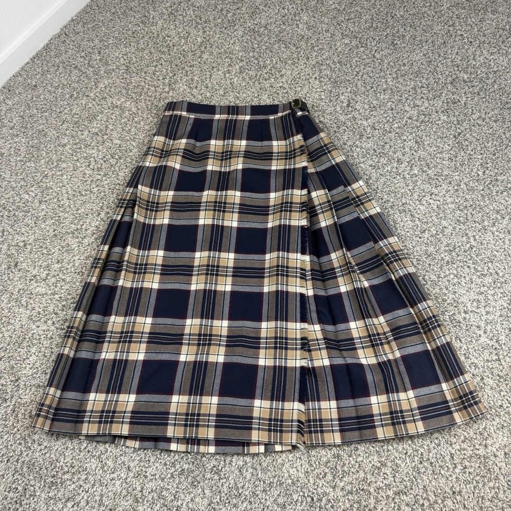 Pitlochry Scotland Skirt Womens 12 Blue Beige Plaid 100% Wool Pleat Kilt